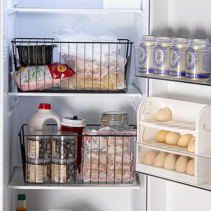 Upright Freezer Organizer Bins， Freezer Baskets for 16, 17, 21 cu.ft Standup Freezer, Wire Storage Baskets with Built-in Handles for Frozen Foods, Snacks, Vegetables, Fruits and More, Set of 6 , Black