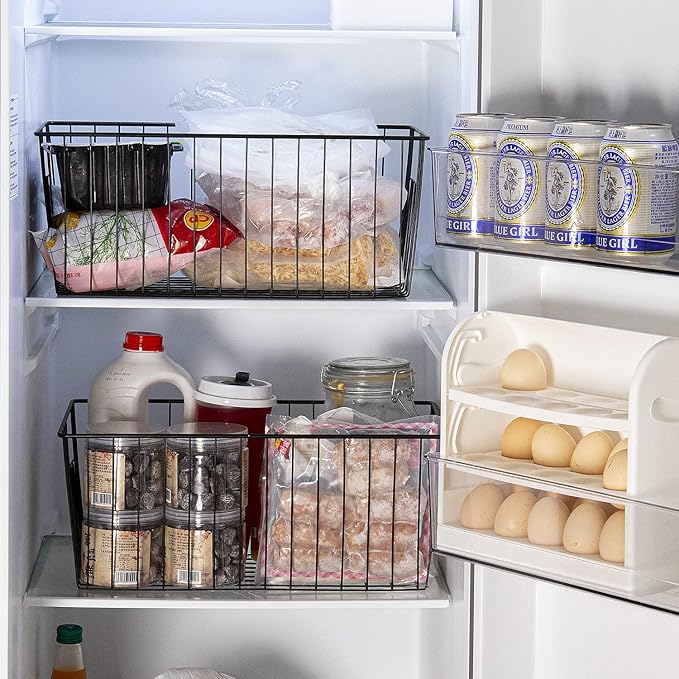 16inch Freezer Wire Storage Organizer Baskets for Upright Freezer 16, 17, 21 cu.ft, with Built-in Handles for Cabinet, Pantry,Black