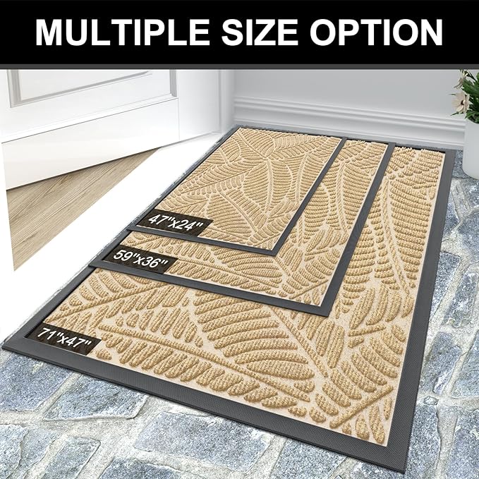 Colorxy Waterproof Doormat, Sturdy Natural Rubber Front Indoor Mat, Non Slip Low Profile Indoor Outdoor Door Mats, Stain and Fade Resistant Floor Mat, Easy Clean Patio Entrance Mat, 59''x36'', Beige