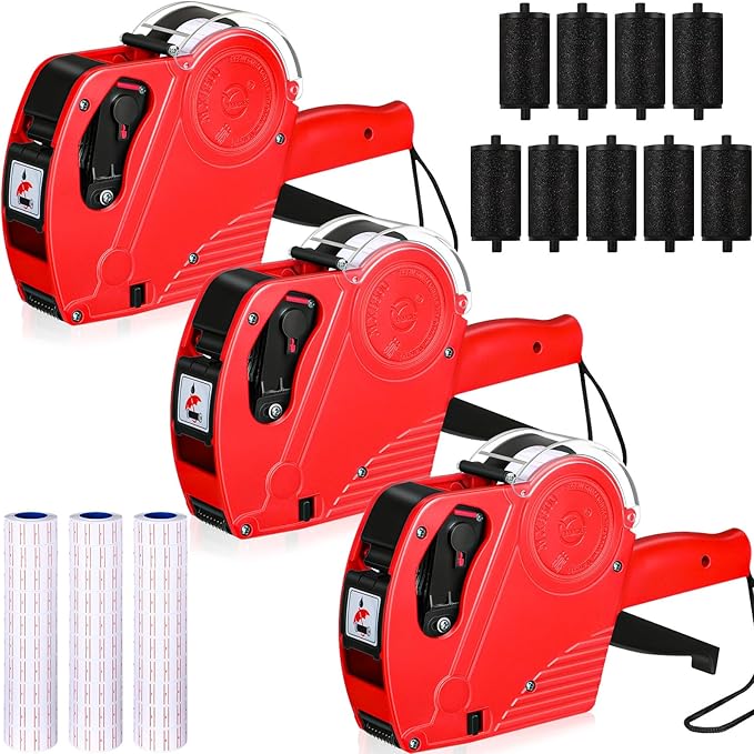3 Pack 8 Digits Price Tag Gun Label Pricing Gun Kit with 12000 Labels & 9 Ink Rollers for Retailer Supermarket Grocery Store Food(Red)