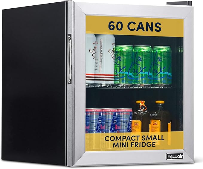 NewAir 60 Can Beverage Refrigerator | Compact Small Mini Fridge for Bedroom, Office or Dorm | Quiet Cooling, Adjustable Shelf & Glass Door Drink Cooler