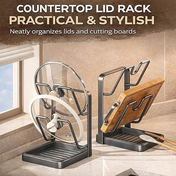 Kitchen Pot Lid Storage Rack, Heat-Resistant Pot Lid Holder While Cooking with Tray, Multifunctional Pot Lid Holder Organizer Rack, Lid and Spoon Rest for Countertop, Stove Top (Single-layer Gray)