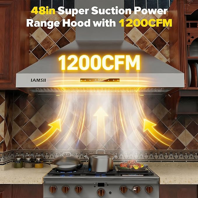 Wall Mount Range Hood 48 Inch 1200 CFM Ultra Powerful Commercial Vent Hood for Large Kitchen with Remote Control, Gesture & Touch Panel, 4 Speeds & Stainless Steel Filters Ducted Kitchen Hoods