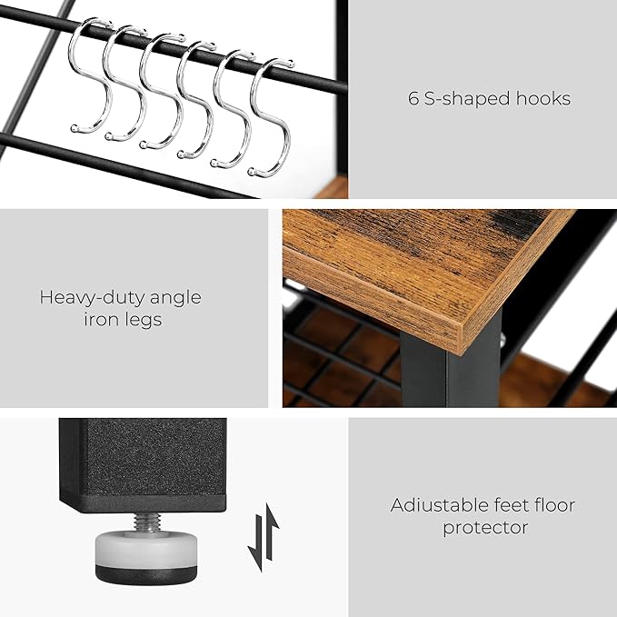 VASAGLE Baker's Rack, Coffee Bar Stand with Charging Station, 33 Inches Tall, Storage Shelves, Pull-Out Wire Basket, Table for Microwave, Kitchen, Rustic Brown and Ink Black UKKS90X