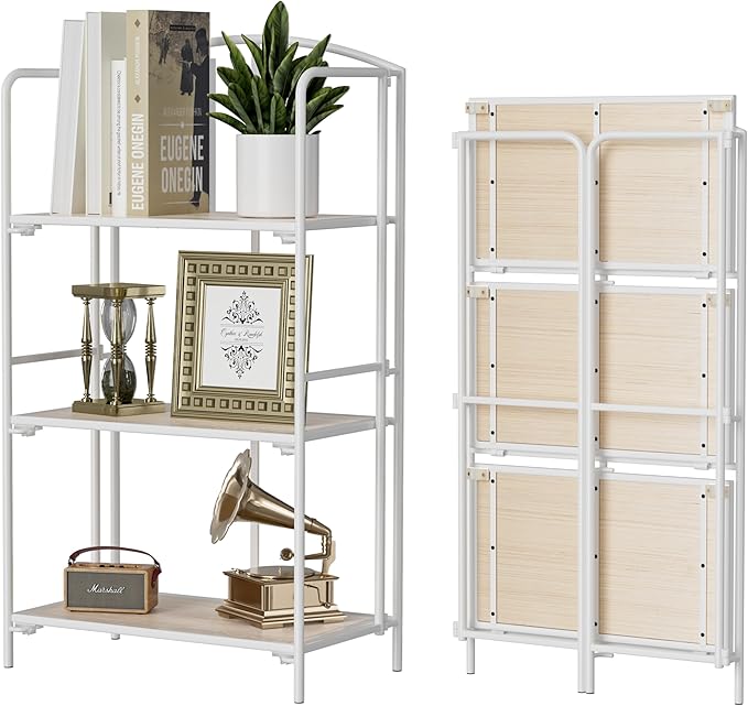 Crofy No Assembly Folding Bookshelf for Living Room, 3 Tier White Collapsible Book Shelf for Home Office, Portable Bookcase Storage Organizer