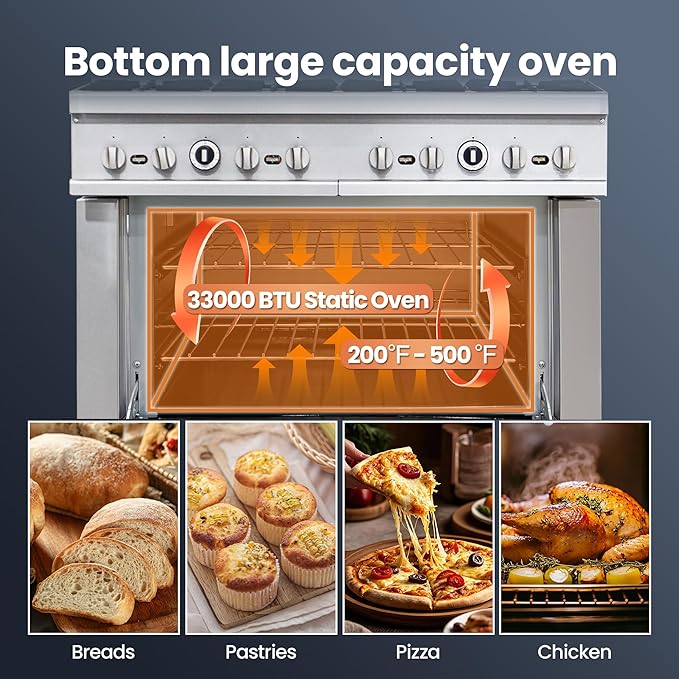Commercial 48" Gas Range with Convection Oven, 8 Open Burners and Under Full Size Oven 240000 BTU & 33000 Static Oven,NG/LPG Conversion kit, Manual Gas Valve,Freestanding Gas Range for Restaurants