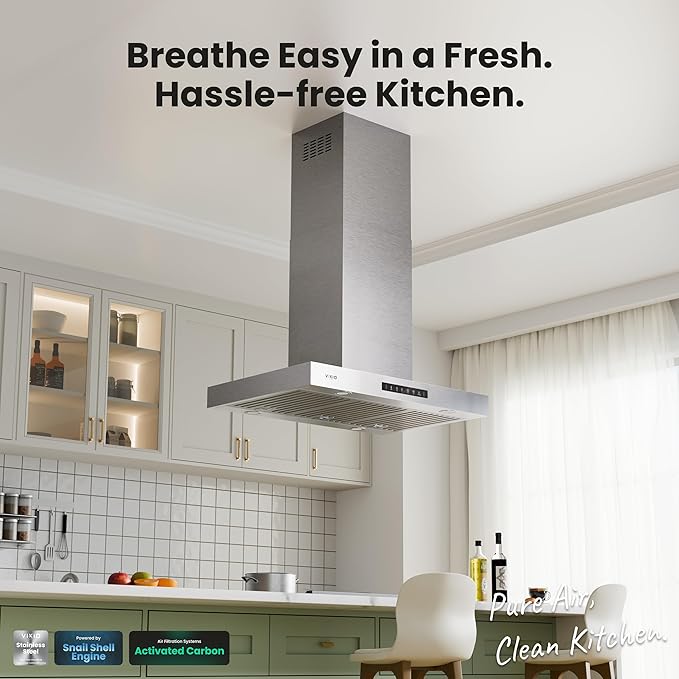 Island Range Hood 42 Inch, 980 CFM Island Mount Range Hood with Dual-Sided Touch/Gesture Control, Ceiling Mount kitchen Hood, Convertible Ducted/Ductless, 3-Speed Fan&4 LED Lights, 4 Baffle Filters