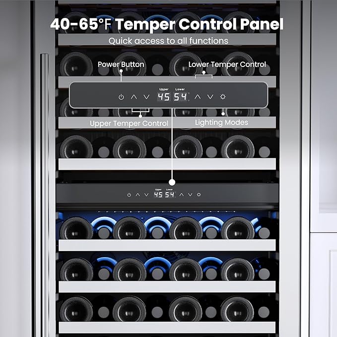 Yeego 24 Inch Wine Fridge, 40°F-65°F Dual Zone Wine Cooler Refrigerator, 304 Stainless Steel Glass Door Lock, Temp Memory Blue & White LED Built-in Fridge with Adjustable Shelves (89 Bottle)