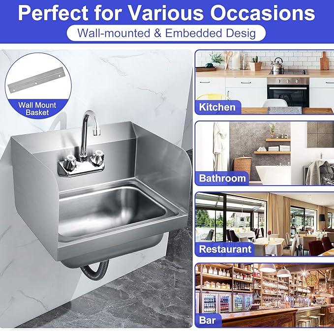 Giantex Stainless Steel Hand Sink with Faucet, Side Splash, Two Temperature Water Inlet, 17" x 15" Commercial Sink for Restaurant, Kitchen, Wall Mount