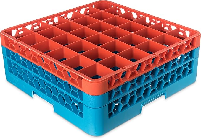 CFS RG36-2C412 OptiClean 36 Compartment Glass Rack with 2 Extenders, 7.12", Polypropylene, Orange/CFS Blue