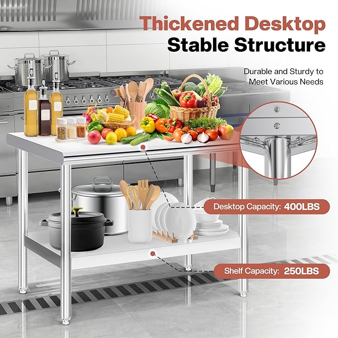 Jocisland 30" x 48" Stainless Steel Table for Prep & Work Adjustable Under Shelf and Feet, for Commercial Kitchen, Restaurant, Hotel, Garage