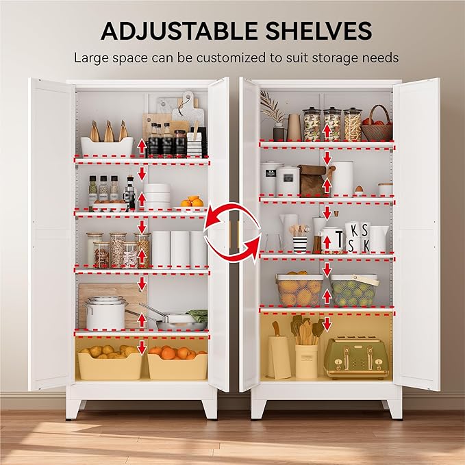 COFaR 71" Tall Pantry Cabinet with 5 Adjustable Shelves, White Storage Cabinet with Doors, Sturdy Freestanding Cupboard for Kitchen Organization, Living Room & Bathroom