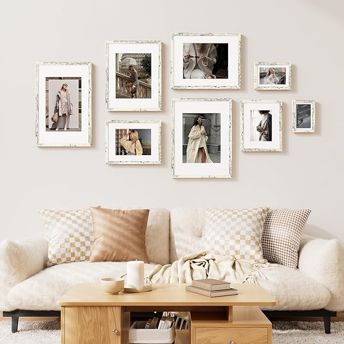 Vittanly 11x14 Picture Frame Set of 2, Solid Wood Frame for Wall Art Photo and Prints, Display Photo 8x10 with Mat or 11x14 without Mat, Distressed White