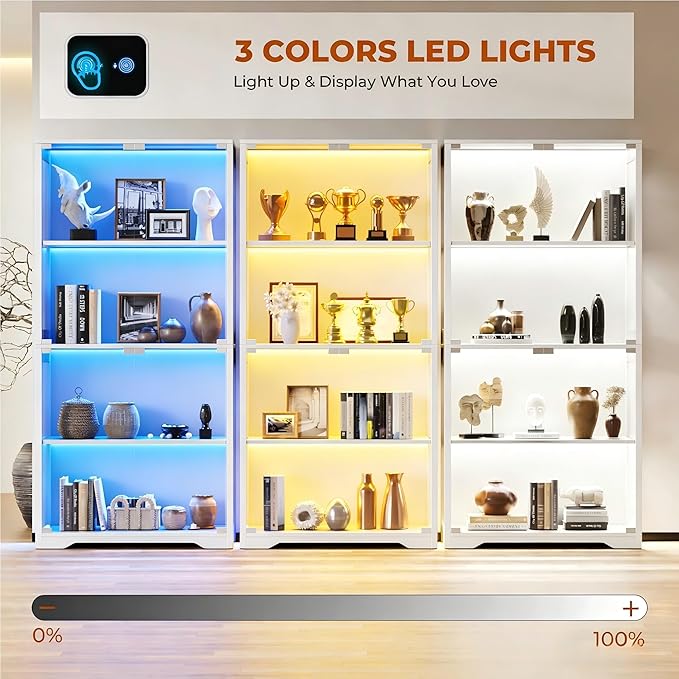 Display Cabinet with Glass Doors, Curio Cabinet with 3 LED Lights and Human Body Sensor, Bookcase with 4 Shelves Storage Cabinets, White