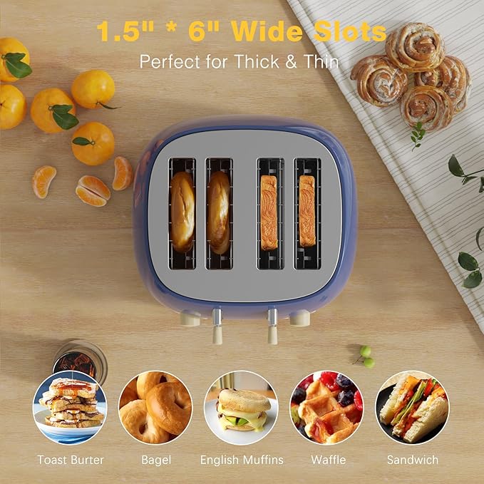 Toaster 4 Slice,Retro Stainless Steel Toaster with Extra Wide Slots Cancel, Bagel, Defrost Function, Dual Independent Control Panel, Removable Crumb Tray and High Lift Lever (Sapphire Blue)