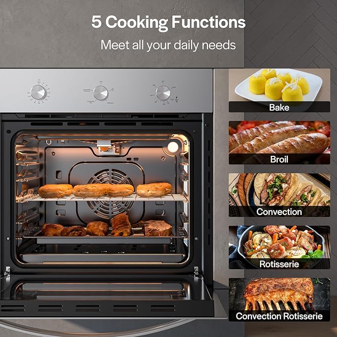 Empava 24 in. 2.3 cu. Ft. Single Gas Wall Oven Bake Broil Rotisserie Functions with Mechanical Controls-Built-in Timer-Convection Fan in Stainless Steel, Silver