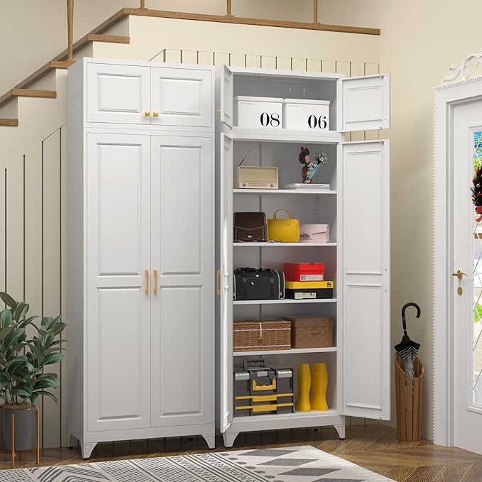 Kitchen Pantry Storage Cabinets, 90" Tall Metal Storage Cabinet with Doors and 4 Shelves, White Pantry Cabinet, Utility Kitchen Cupboard, Large Steel Cabinets for Dining Room, Office, Living Room