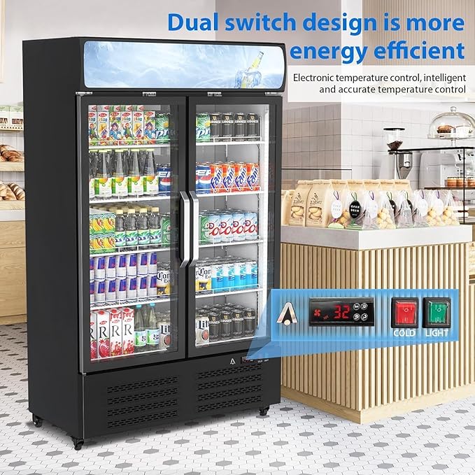 IDEALHOUSE Commercial Refrigerator, Commercial Merchandiser 26.8 Cu Ft Refrigerator, Refrigerator with 2 Glass Door and LED Light, Large Business Cooler for Home Restaurant Grocery Stores