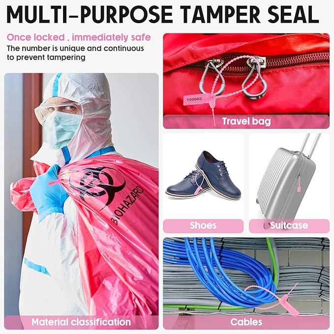 1000 Pcs Plastic Tamper Seals Fire Extinguisher Tags Security Tags Seals Safety Numbered Zip Ties Labels Safety Disposable Self Locking Signage 250 mm Length (Pink)