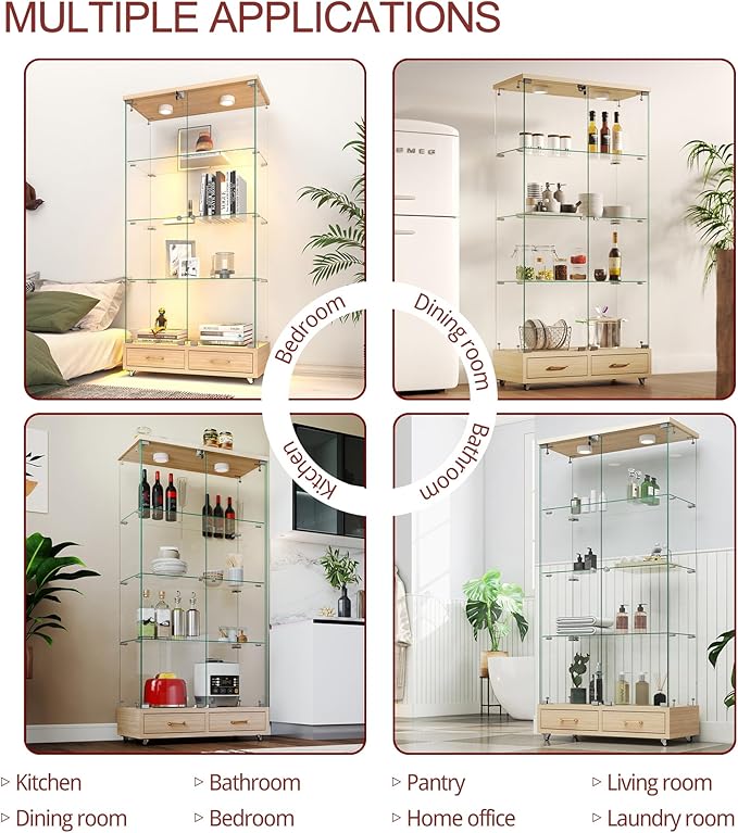 Yoluckea 4 Tier Glass Display Cabinet with LED Lighting and 2 Drawers, 2 Doors Floor Standing Curio Cabinet with Wheel for Home, Office,Corner Display,Natural Glass Bookshelf for Collections and Decor
