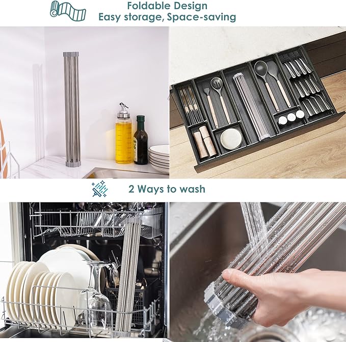 Tomorotec Roll Up Dish Drying Rack Over The Sink Grey Large Dish Drying Rack Rolling Foldable Collapsible SUS304 Stainless Steel Multipurpose Dish Drainer for Kitchen Counter (17.8”x15.7”)