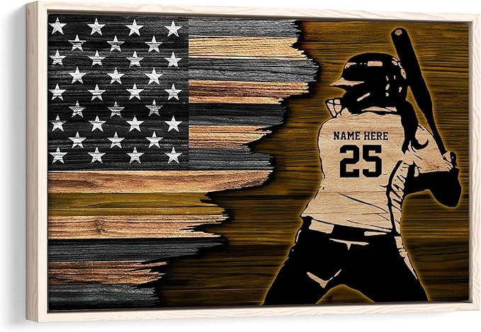 Personalized Softball Poster & Framed Canvas, Softball Player American Flag - Inspirational Quote Motivational Home Office Decor, Custom Name Number Bedroom Living Room Aesthetic Wall Art