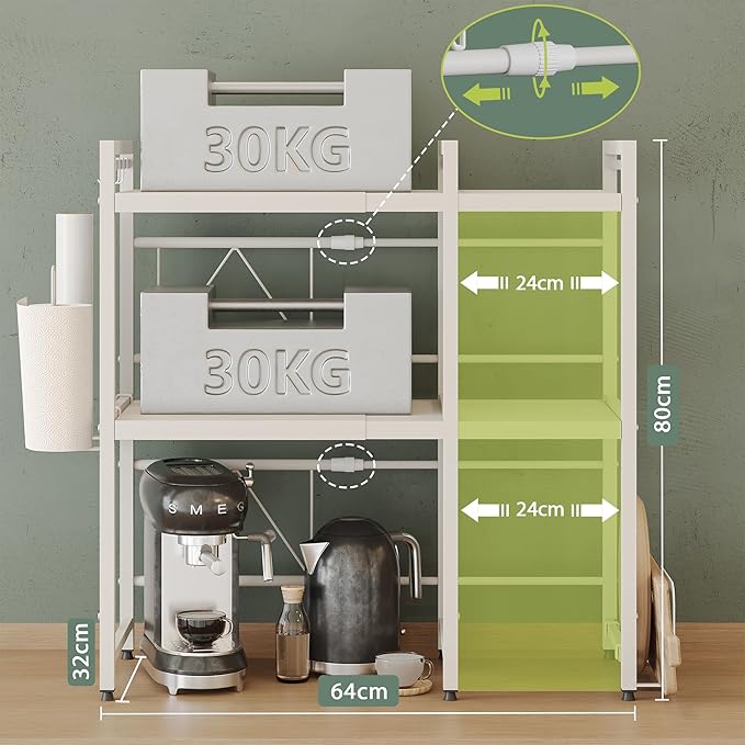NETEL Expandable Microwave Stand,3 Tier Metal Kitchen Countertop Organizer Shelves with Paper Towel and Chopping Board Holder,Microwave Shelf,Microwave Oven Rack,110lbs Weight Capacity,White