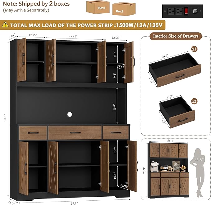 HOSTACK 71" Tall Kitchen Pantry Storage Cabinet with Charging Station, 55" Wide Kitchen Hutch Cabinet with Large Countertop, Farmhouse Food Pantry with Drawers for Living Room, Brown/Black