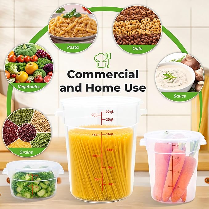 4 Pack Round Food Storage Containers with Lids, 6Qt Translucent Commercial Food Container, Polypropylene, BPA Free, Includes Labels & Measuring Cups
