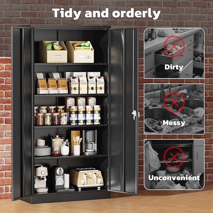 Greenvelly Metal Garage Storage Cabinet with 2 Doors and 4 Adjustable Shelves, 72”H Steel Lockable Storage Cabinet,Tall Metal Cabinet Locking File Cabinet for Office,Home, Garage, Gym, School
