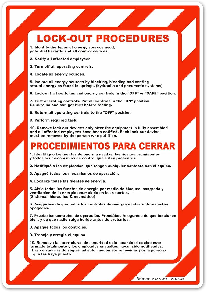 Brimar - 7 x 10" - Bilingual Lock Out Procedures Sign - 3.5 Mil InfiniStick™ Vinyl Label - Bilingual Design - Bold Text And Symbol