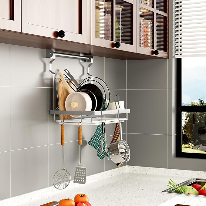 TQVAI Over Sink Dish Drainer Drying Rack, Stainless Steel Foldable Wall Mounted Dish Racks with Drainboard Hanging Rod and Sponge Holder, Silver
