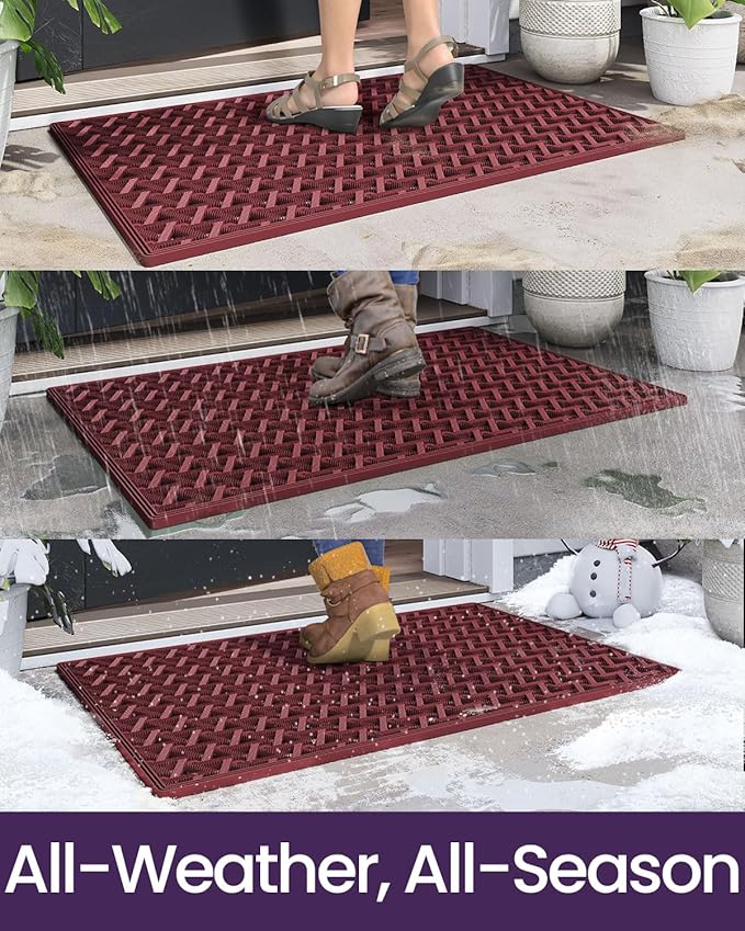 DEXI Front Door Mat Outside Entrance Rubber 19x30, Welcome Floor Doormat Heavy Duty Non Slip, Dirt Trapper Waterproof Exterior Entry Mats All Weather for Patio Entryway Drainage, Red
