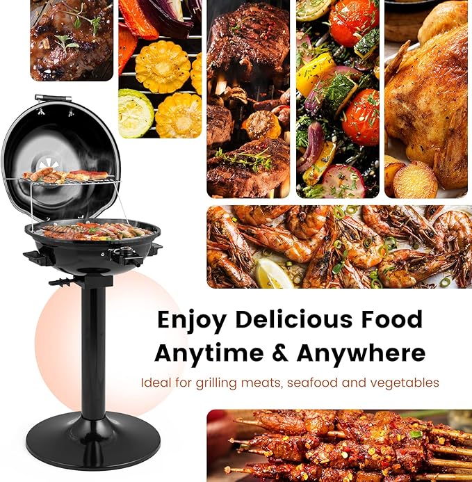 HAPPYGRILL 1600W Electric Grill Outdoor, Portable BBQ Grill with Warming Tray, Removable Non-Stick Grill Rack, Adjustable Temperature& Oil Drip Tray for Patio, Camping, Picnic (Balck)