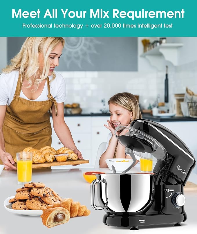 Facelle Stand Mixer, Electric Kitchen Mixer, 660W 6 Speed Tilt-Head stand mixer with Pulse, Attachments include 6.5QT Bowl, Dishwasher Safe Beater,Dough Hook,Whisk for Dough,Baking,Cakes,Cookie-Black