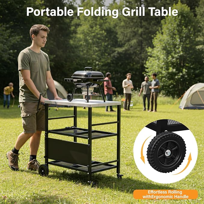 ROVSUN Stainless Steel Foldable Grill Table Cart, Outdoor Food Prep Rolling Cart with Wheels and Storage Shleves, Paper Towel Holder, Easy Movable Kitchen Island for Home, Patio, Pizza Oven