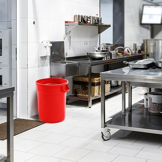 PRO&Family Commercial Round Trash Can, Ingredient Bin, Heavy-Duty Plastic, Anti-Static, Kitchen, Office, Outdoor Use (Red, 32 Gallon)