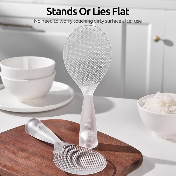 U-Taste Rice Spoon Paddle Scooper: 329°F Heat Resistant Food-Grade TPX Rice Spatula, Safe for Non-Stick Cookware, with Built-In Stand, Lightweight for Sushi, Pasta, Cooking & Serving (Transparent)