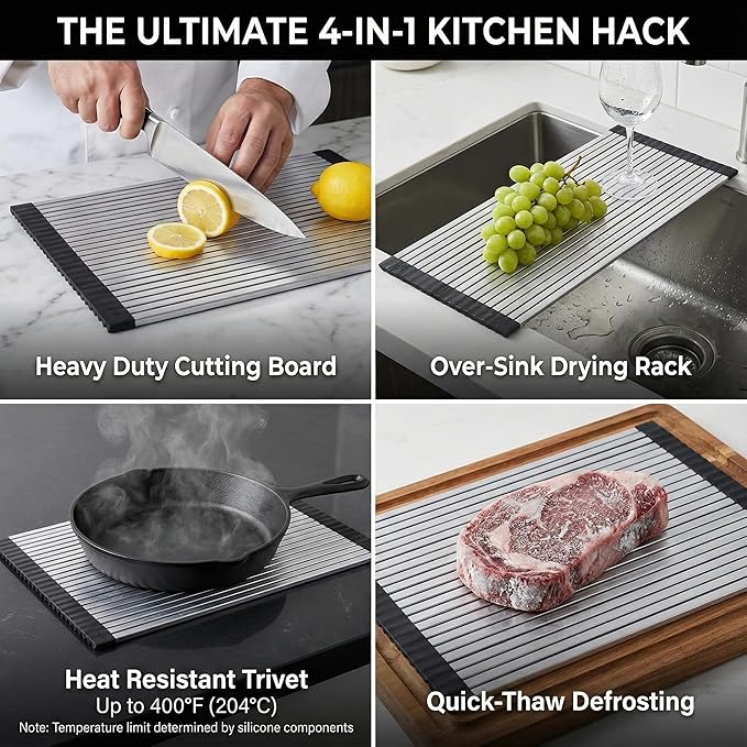 304 Stainless Steel Rollable Cutting Board – Space-Saving Over-the-Sink Workstation for RVs and Small Kitchens – Rust-Proof Heat Resistant Dishwasher Safe Non-Slip Multi-Use Prep Mat (20.6" L x 13" W)