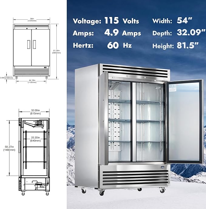 HECMAC 54" Commercial Refrigerator, 49 Cu.ft Reach-In Upright Fridge with 2 Solid Door, 33~40℉, 18-8 Stainless Steel Interior, 6 Shelves, ETL&NSF/ANSI 7 for Restaurant, Bar, Shop, Kitchen Use