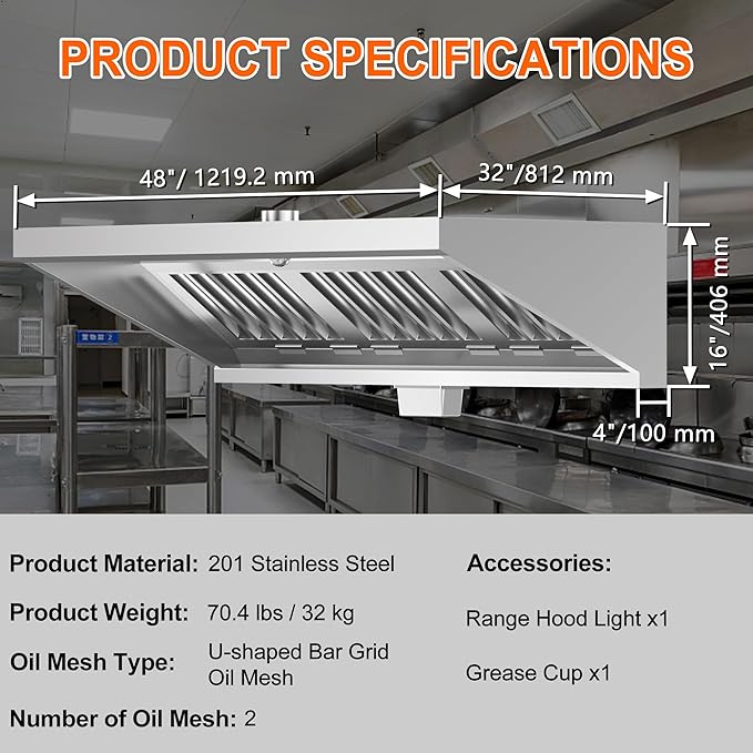 Commercial Exhaust Hood 4 FT Stainless Steel Concession Trailer With 2 Removable Filters, Grease Cup and Light, Rust Resistant Vent for Restaurant Kitchen, NSF Listed