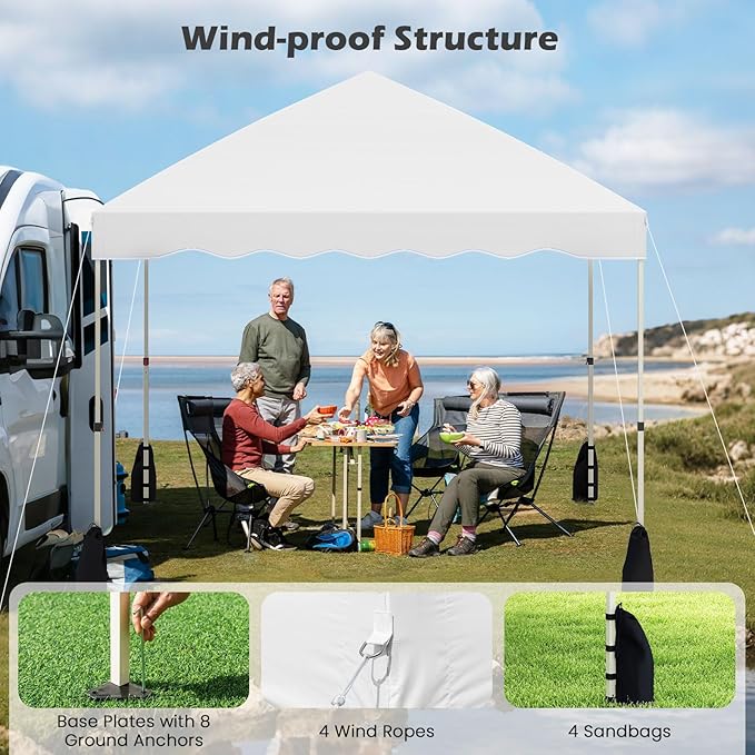 Tangkula 10x10 FT Pop Up Canopy, UPF50+ Easy Set up Instant Tent with Wheeled Bag, 8 Stakes, 4 Anchors, 4 Wind Ropes, 4 Sandbags, Heavy Duty Outdoor Canopy Tent 10x10 for Patio Party Backyard (White)