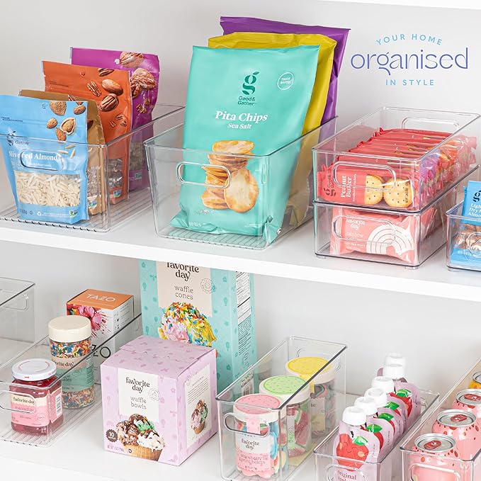 primebox 4 Pack Clear Plastic Organizing Container with Integraged Handles for Home Organization for Kitchen, Pantry, Fridge, Freezer, Cabinet,Bathroom, A&C Room, Stackable. 10"x6"x3"
