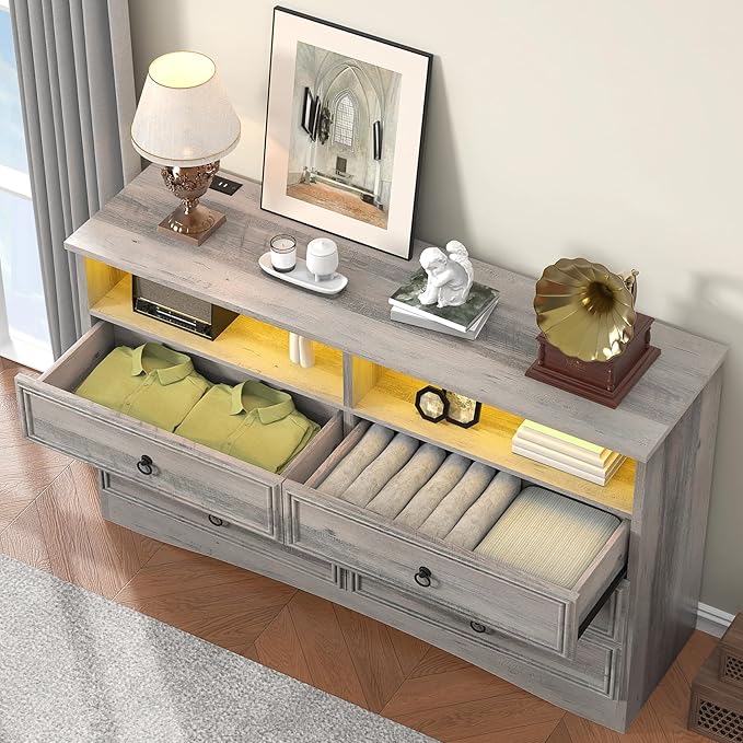 Grey 6 Drawer Dresser for Bedroom with LED Lights and Charging Station, Wood 6 Chest Drawers, Large Storage for Clothes, for Living Room, Bedroom, Hallway, Taupe Grey