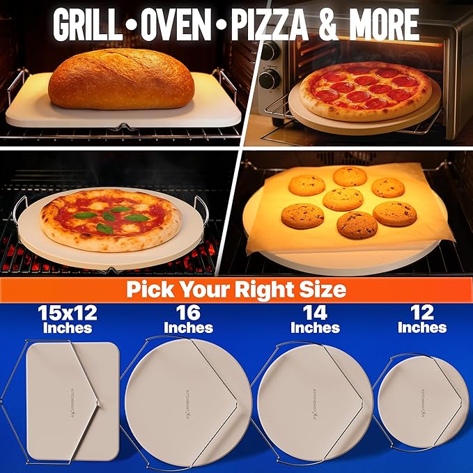 KitchenStar 16-inch Pizza Stone for Oven and BBQ Grill with Handles, Round, 5/8" Thick - Natural Cordierite, 1800 °F Resistant, Baking Stone Set with Stainless Steel Rack & Plastic Scraper Tool