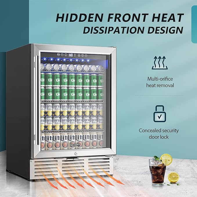 EUHOMY 24 Inch Beverage Refrigerator, 180 Can Built-in Beverage Cooler, Under Counter Beer Fridge with Glass Door for Soda, Water, Wine - For Kitchen, Bar or Office