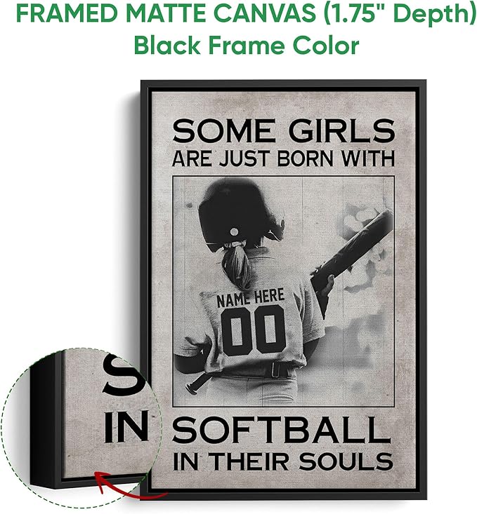 Custom Some Girls Are Just Born With Softball In Their Souls Personalized Name Number Poster & Framed Canvas, Wall Art Home Office Decoration Living Room Bedroom Aesthetic Decor