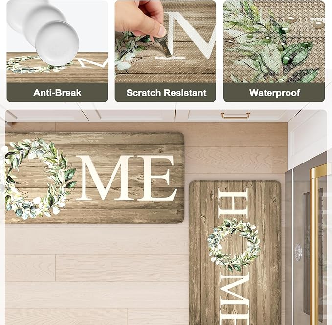 KIMODE Anti Fatigue Mats for Kitchen Floor,Farmhouse Rugs Sets of 2,Cushioned Carpet Non Slip for Laundry,Memory Foam Runner for Sink Office,Khaki 20"x47"+20"x32"