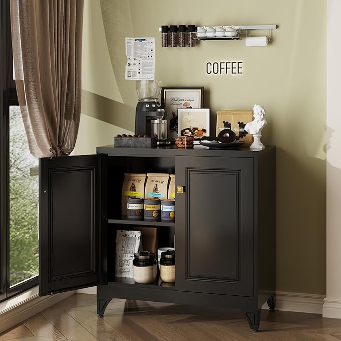 Metal Coffee Bar Cabinet,Kitchen Storage Cabinet,Black Buffet Cabinet with Storage and Adjustable Shelf,Sideboard Buffet Cabinets for Dining Room