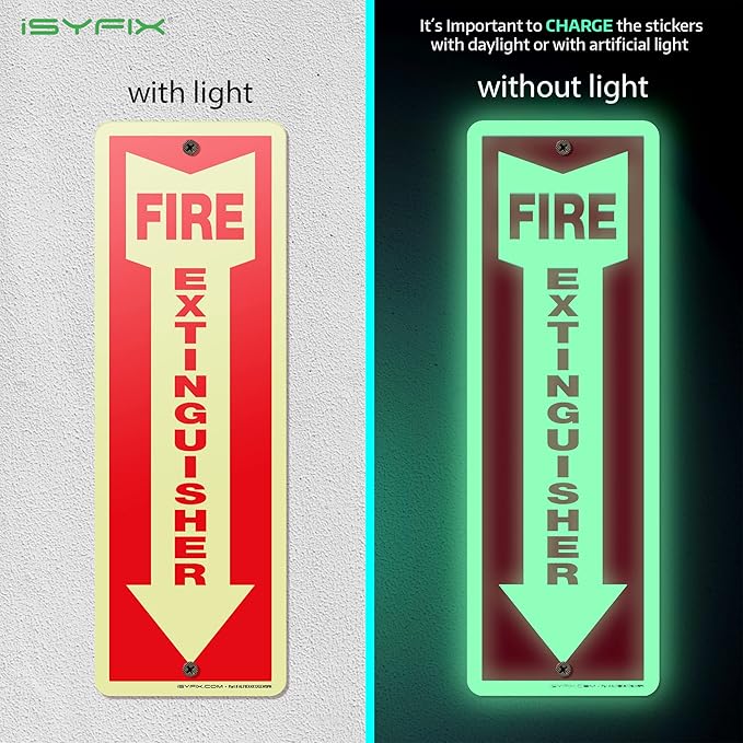 iSYFIX Fire Extinguisher Glow in the Dark Aluminum Signs – 5 Pack 4x12 Inch – Photoluminescent, Laminated for Ultimate UV and Fade Resistance, Indoor and Outdoor, for Business, Schools, Hospitals,